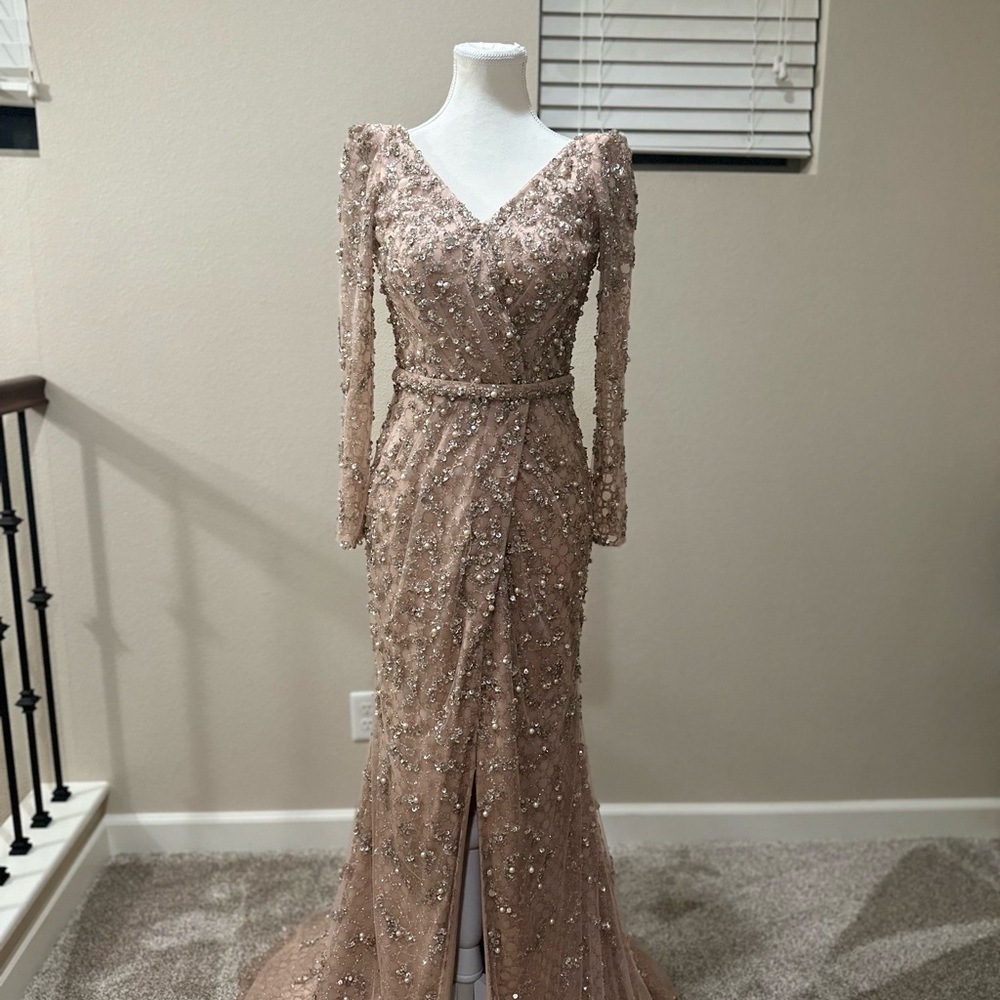 Glamorous Long Sleeve Beaded Gown Pearl Rose gold V Neck Formal Prom Dress